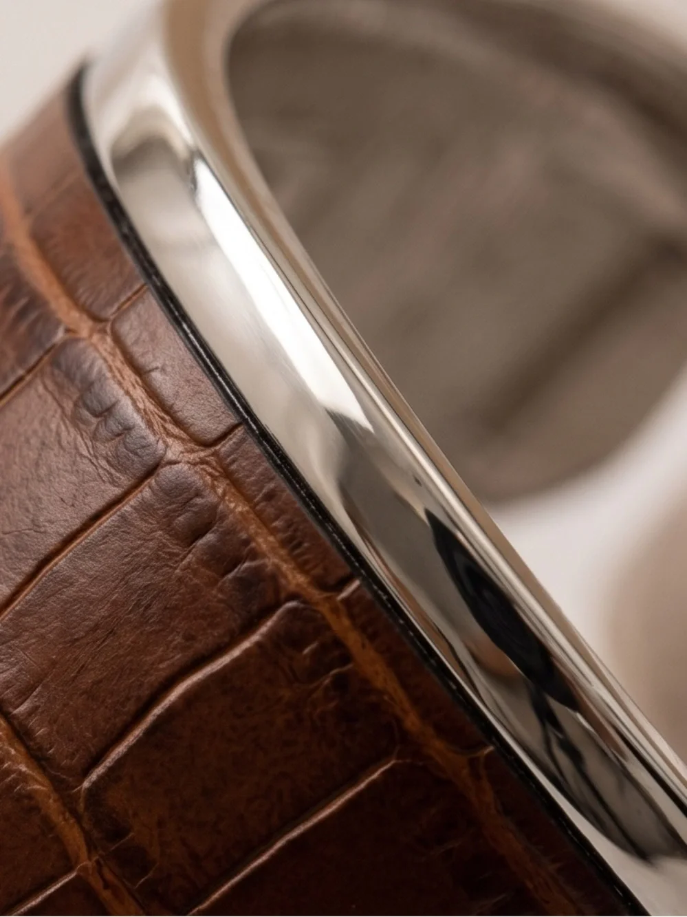 Silver-Toned Wide Cuff Clamper Bracelet with Brown Croc-Embossed Leather, 8-1/2”